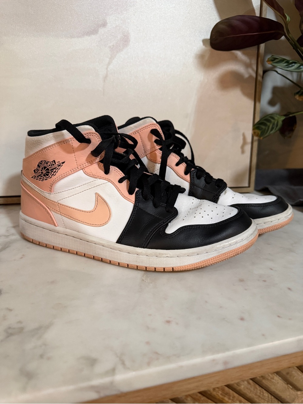 Nike Air Jordan 1 Crimson Tint Mid High-Top Sneakers in Peach, Black & White